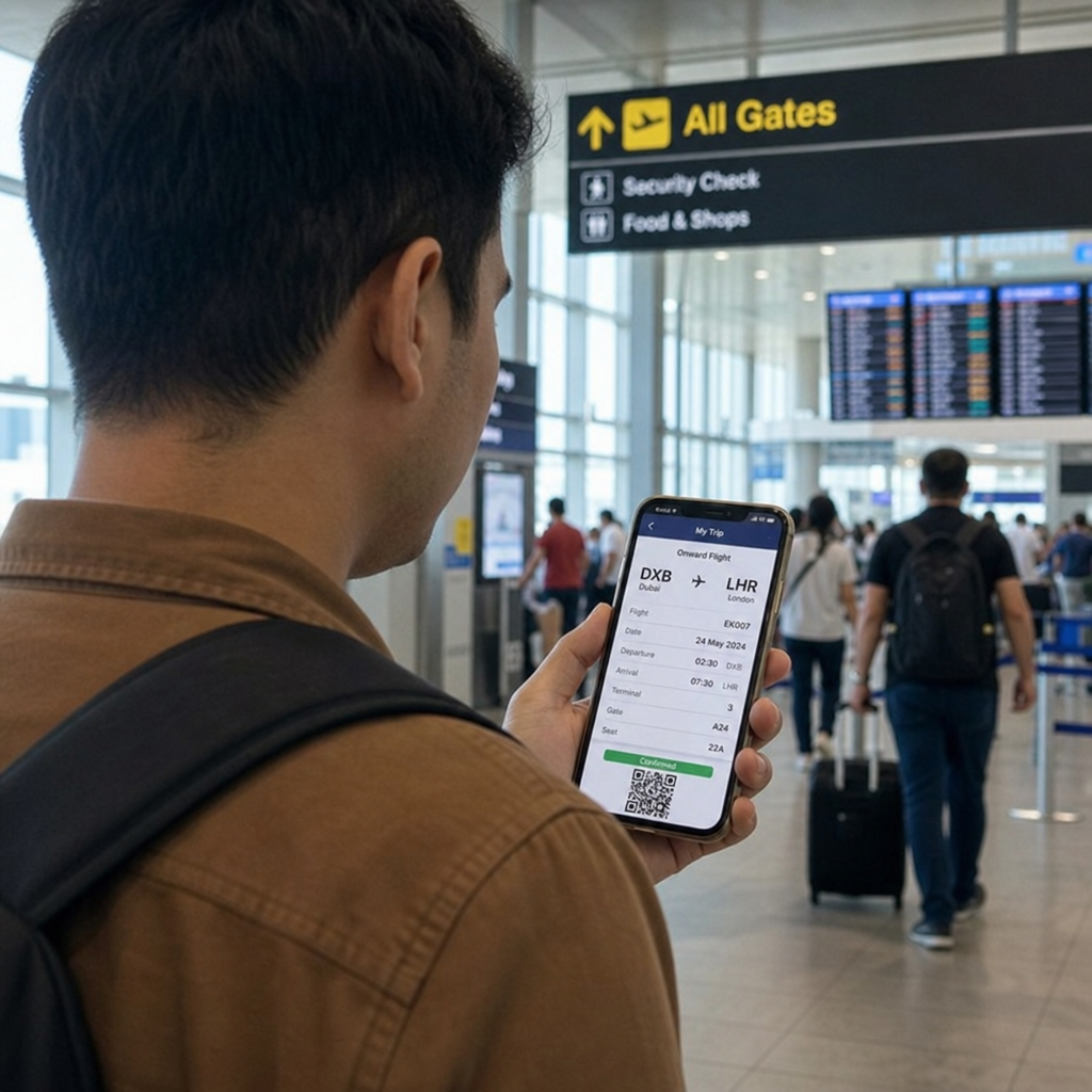 Traveler checking an onward flight ticket on a phone at the airport