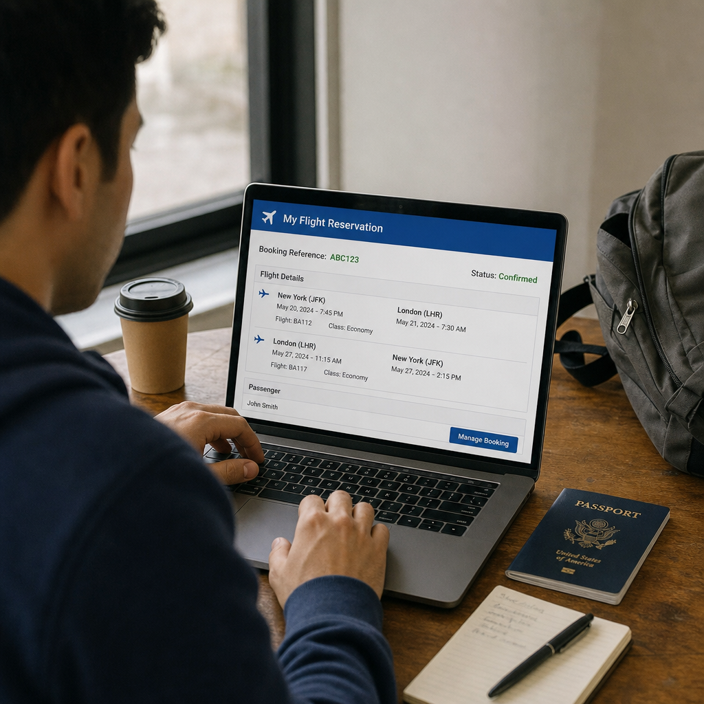 traveler checking flight reservation on laptop