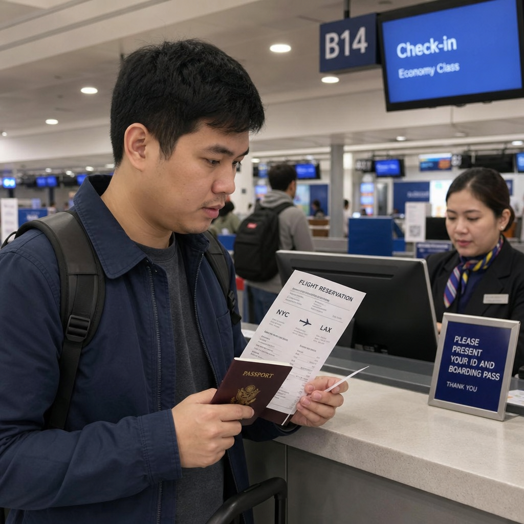 Traveler reviewing flight reservation and passport at airport check-in