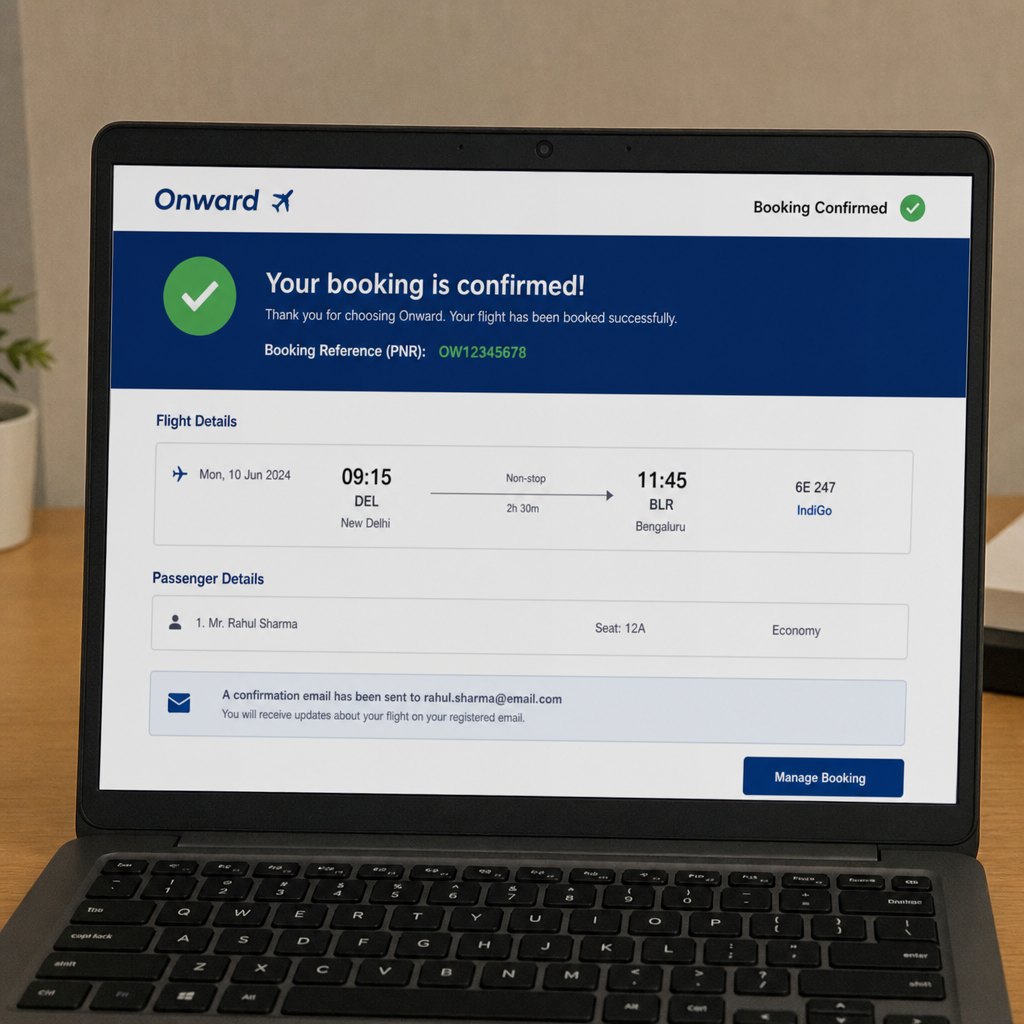 Onward flight booking confirmation displayed on a laptop